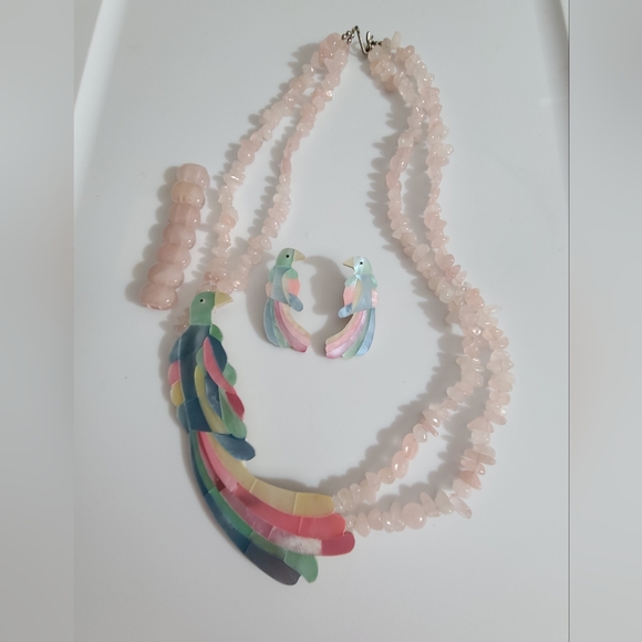 Vintage MOP Parrot bird rose quartz necklace earrings bracelet Lee sands estate - Picture 1 of 16